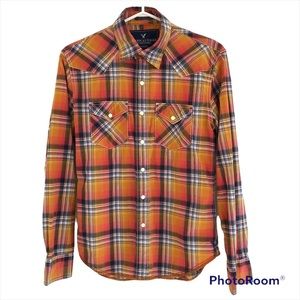 AMERICAN EAGLE Y2K Vintage fit oversized snap button up orange pink plaid shirt